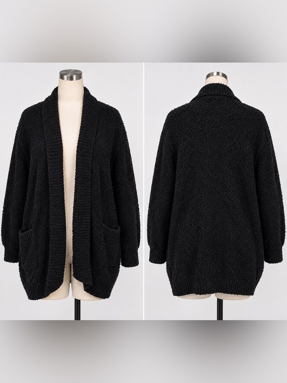 Karen Scott Black Bouclé Open-Front Cardigan
